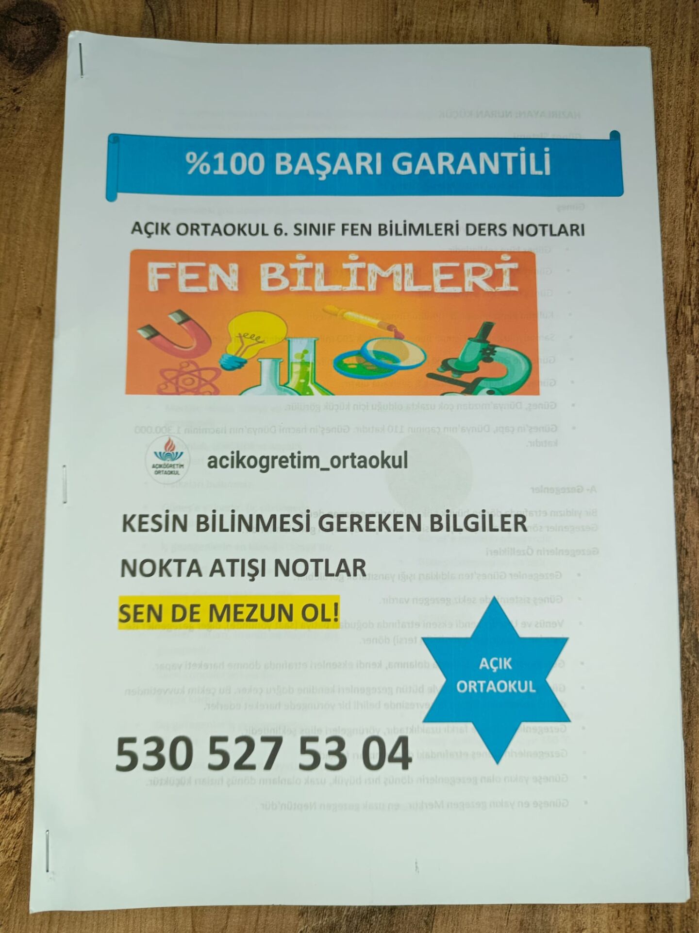 AÇIKÖĞRETİM ORTAOKUL 6. SINIF FEN BİLGİLİ DERS NOTLARI